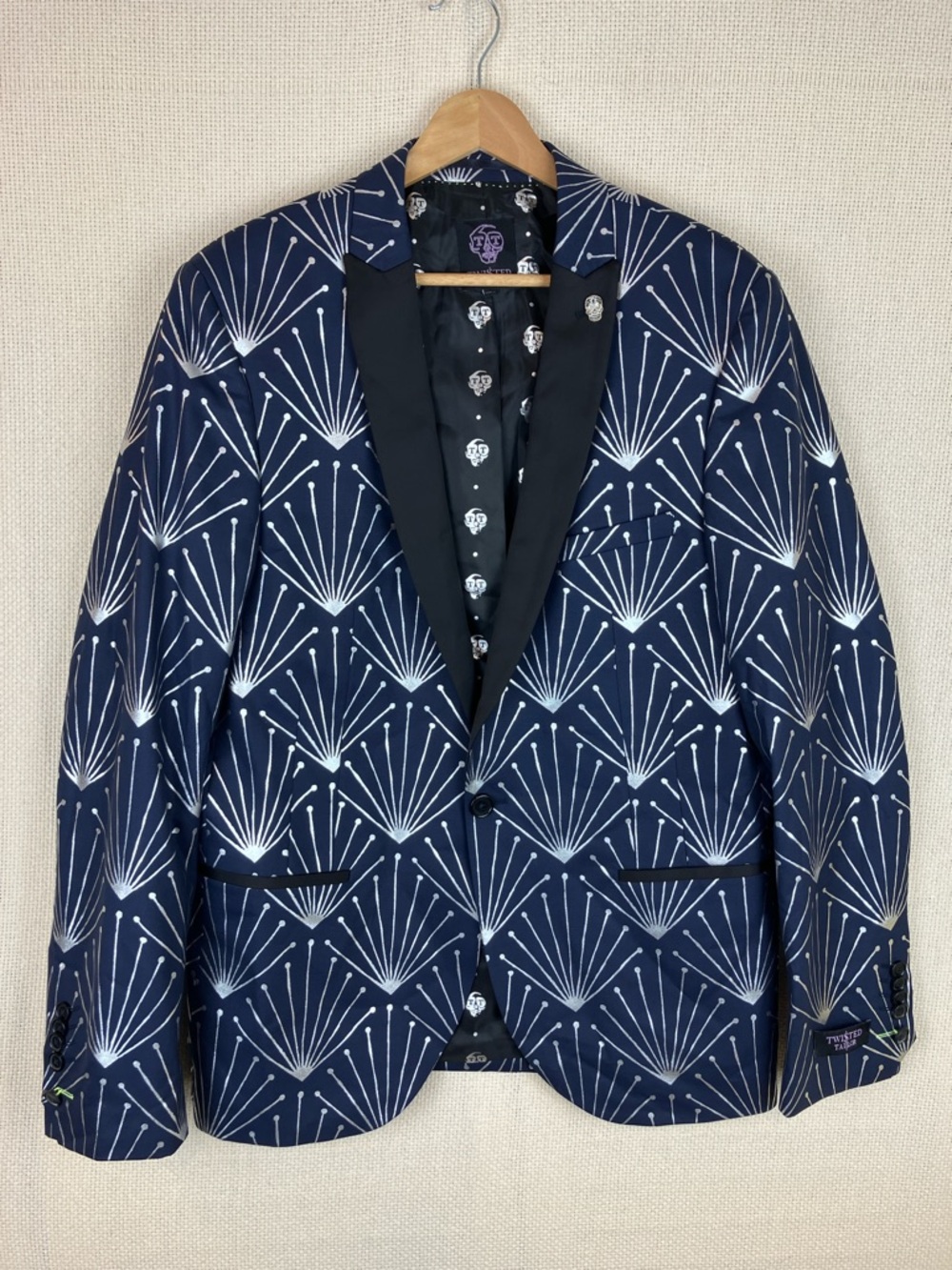 Twisted Tailor Navy Suit Jacket Silver Foil Print Men's 42R NWOT
